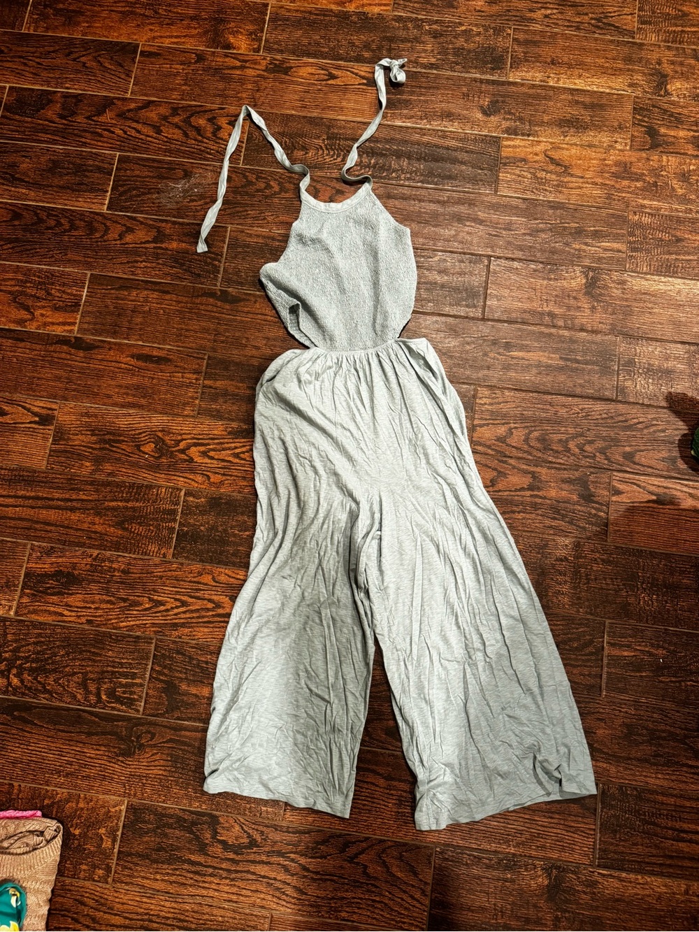 American Eagle Outfitters Light Gray Tie-Strap Wide-Leg Jumpsuit